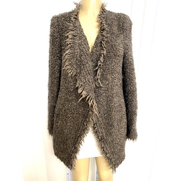 IRO Campbell Open Boucle Cardigan Jacket Wool Mohair Frayed Brown Taupe… - Picture 2 of 9